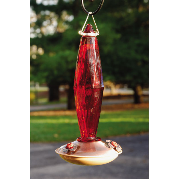 Copper Color Hummingbird Feeder - Jewel Cut Ruby Glass Medium